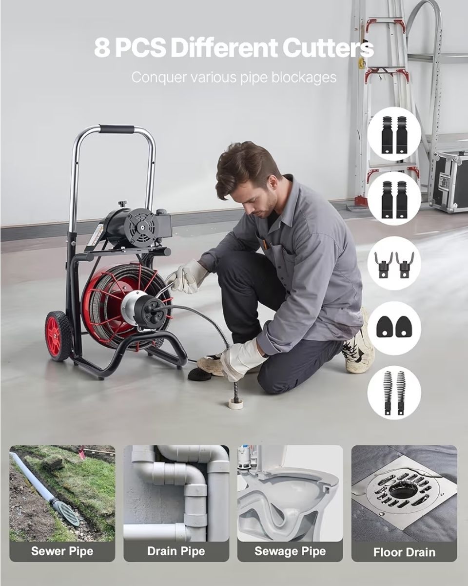 🔥VEVOR Drain Cleaner Machine 100 FT x 1/2 Inch, Auto Feed Sewer Snake Auger on Wheels - 8 Cutter