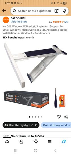 No Drill Window AC Bracket, Single Arm Support for Small Windows, Holds Up to 165 lbs, Adiustable Indoor Installation for Window Air Conditioners