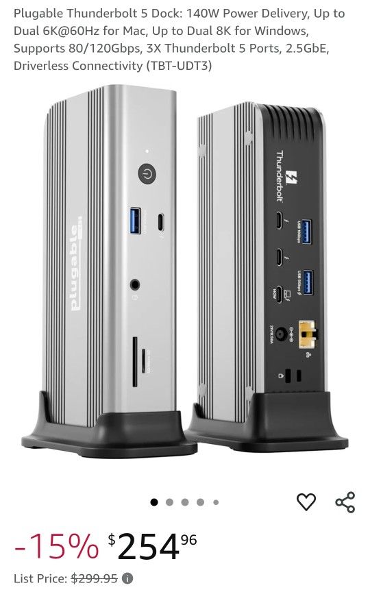 Plugable Thunderbolt 5 Dock: 140W Power Delivery, Up to Dual 6K@60Hz for Mac, Up to Dual 8K for Windows