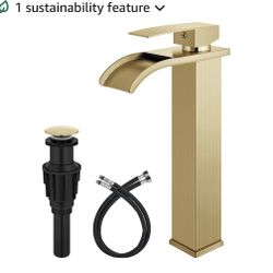 Brushed Gold Waterfall Vessel Sink Faucet,Tall Bathroom Faucet Single-Handle Single-Hole Lavatory Vanity Sink Faucet Mixer Tap Includes Pop-Up Drain a