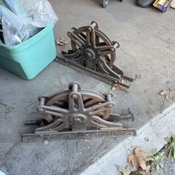 Heavy duty cast iron pulleys came from the historic pasadena play house they were used to lift scene 