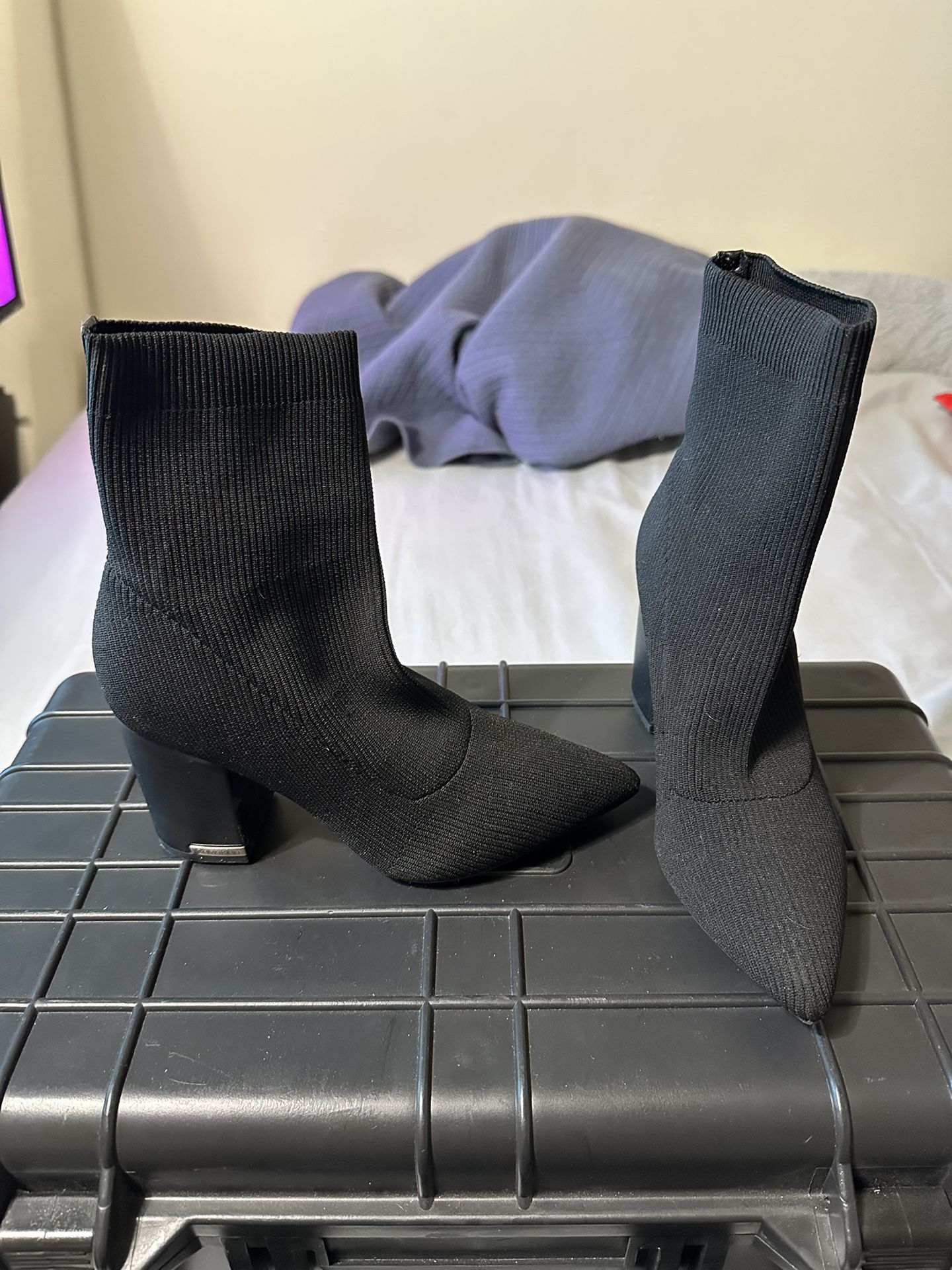 Calvin Klein Black Ribbed Sock Pointy Toe Booties