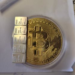 1oz 24k Gold Over. 999 Copper Bitcoin Round + 5g VALCAMBI Silver Bars. 999 Fine 