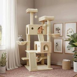 65.7 " Large Cat Tree Tower Condo for Cats with 2 Scratching Ramps, Hammock & Scratching Posts, Beige
