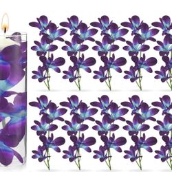 New 32 Pieces Blue Purple Faux Flowers Blue Orchid Flower Vase Fillers Faux Purple Orchid Wedding Table Centerpieces Filling for Floating Candles Wedd