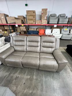 3-Seat Leather Power Recliner Sofa – Taupe