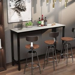 (Just table) Wisfor Sintered Stone Bar Table: White Rectangle Counter Height Dining Table with Black Metal Frame - High Top Pub Tables for Narrow Spac