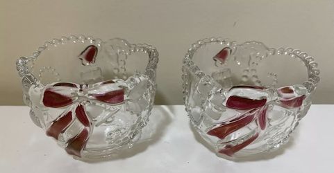 Two Ruby Red Stained Nut Sugar Mint Dishes Bowls Glass Vintage Christmas Holiday.