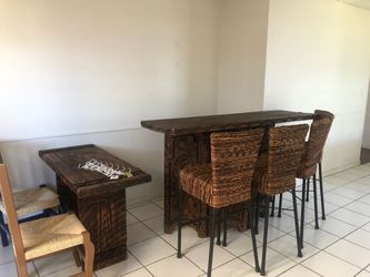 Dark Wood Bar Table with 2 Wicker Stools
