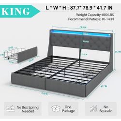 Doltoro King Size Platform Bed Frame with 4 Storage Drawers and LED Headboard, Upholstered King Metal Bed with Charging Station, No Box Spring Needed,