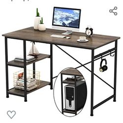 with 2 Hooks and Storage Shelves on Left or Right Side, Industrial Simple Workstation Wood Table Metal Frame for PC Laptop, Black Oak