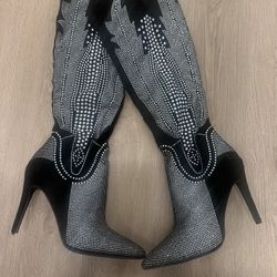 Fashion Nova Black Rhinestone Over-The-Knee Boots – Size 8.5