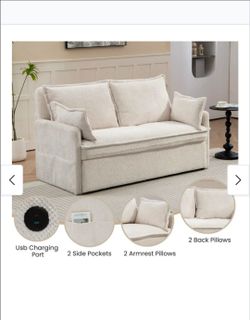 59.5" Cream Fabric Queen Put Out Sofa with USB Charging Port