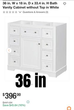 36-Inch White Bath Vanity Cabinet Without Top