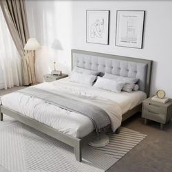 Christopher Knight Home Cal King Platform Bed Gray Tufted Headboard CALIKING