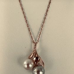 CLEARANCE SALE! Na Hoku Pearl Factory 14k rose gold maile leaf pendant with a diamond, pink Akoya pearl and blue Akoya pearl and 14k rose gold chain, 