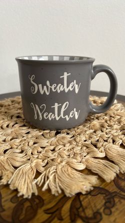 Large MUG with SWEATER WEATHER written On Both Sides, Gray And White Check...
