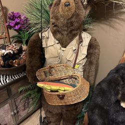 5 Ft Bear On Wood Stand With Fishing Basket and Pole 