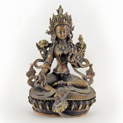 Antique Chinese Tibetan Nepal Bronze Gilt Buddhist Green Tara Goddess Statue 18-19C