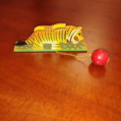 Very Rare Antique Wooden Tiger Ball Toy Hand Crafted And Painted 