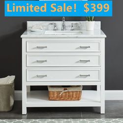 36-in White Bathroom Vanity with Carrara White Natural Marble Top,2102-C835M showroom clearance