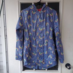 Cat & Jack Girls Rain Jacket Blue With Rainbows And White polka dots Sz XL 14/16