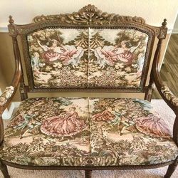 Antique French Aubusson Louis XVI Tapestry Love Seat & Armchairs Set $350.00