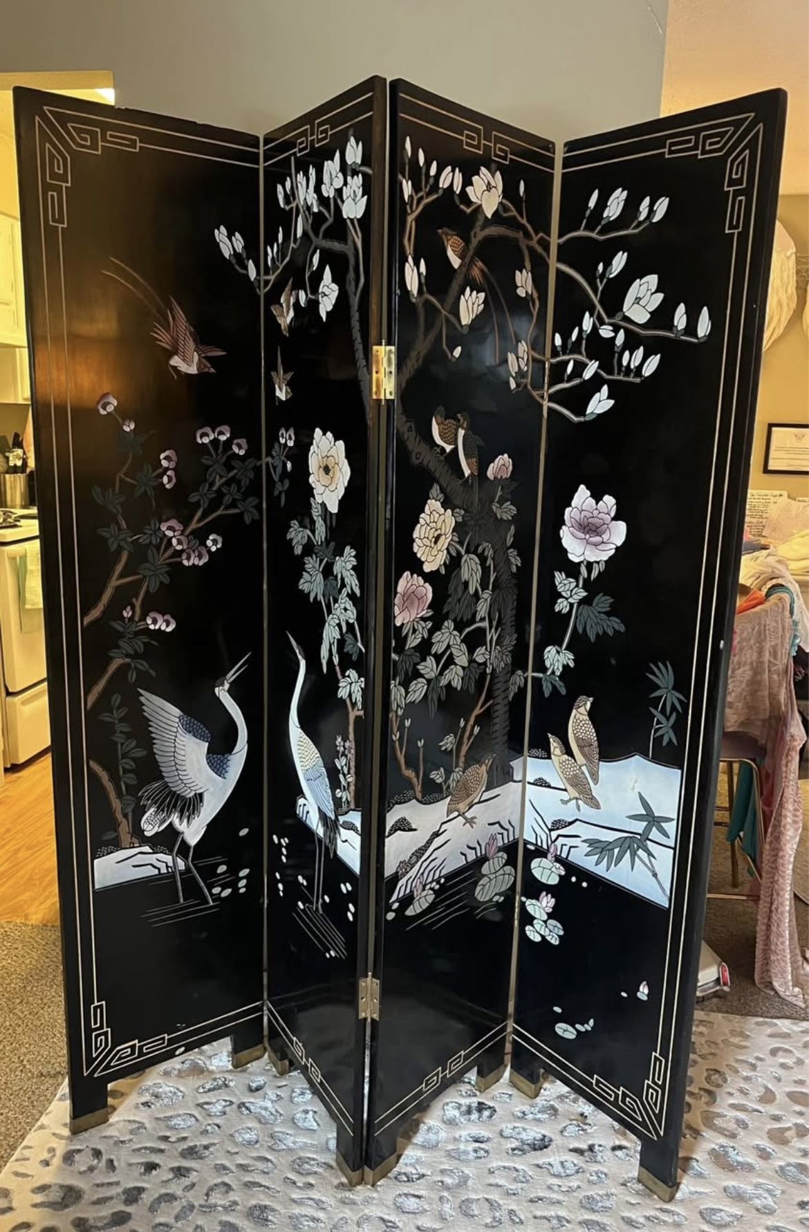 Antique Chinese hand carved/painted wooden divider screen