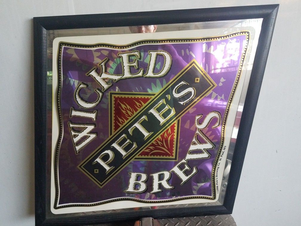 Large asymetrical man cave bar mirror wooden frame Wicked Pete's Brews