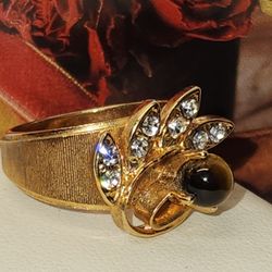 #2393, VINTAGE RING 1960's GOLD PLATED FLORAL RING, TIGER EYE & CUBIC ZIRCONIA STONES. 