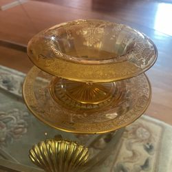 Amber Cross Etched Glass Console Bowl Basket Pattern Lip Footed 