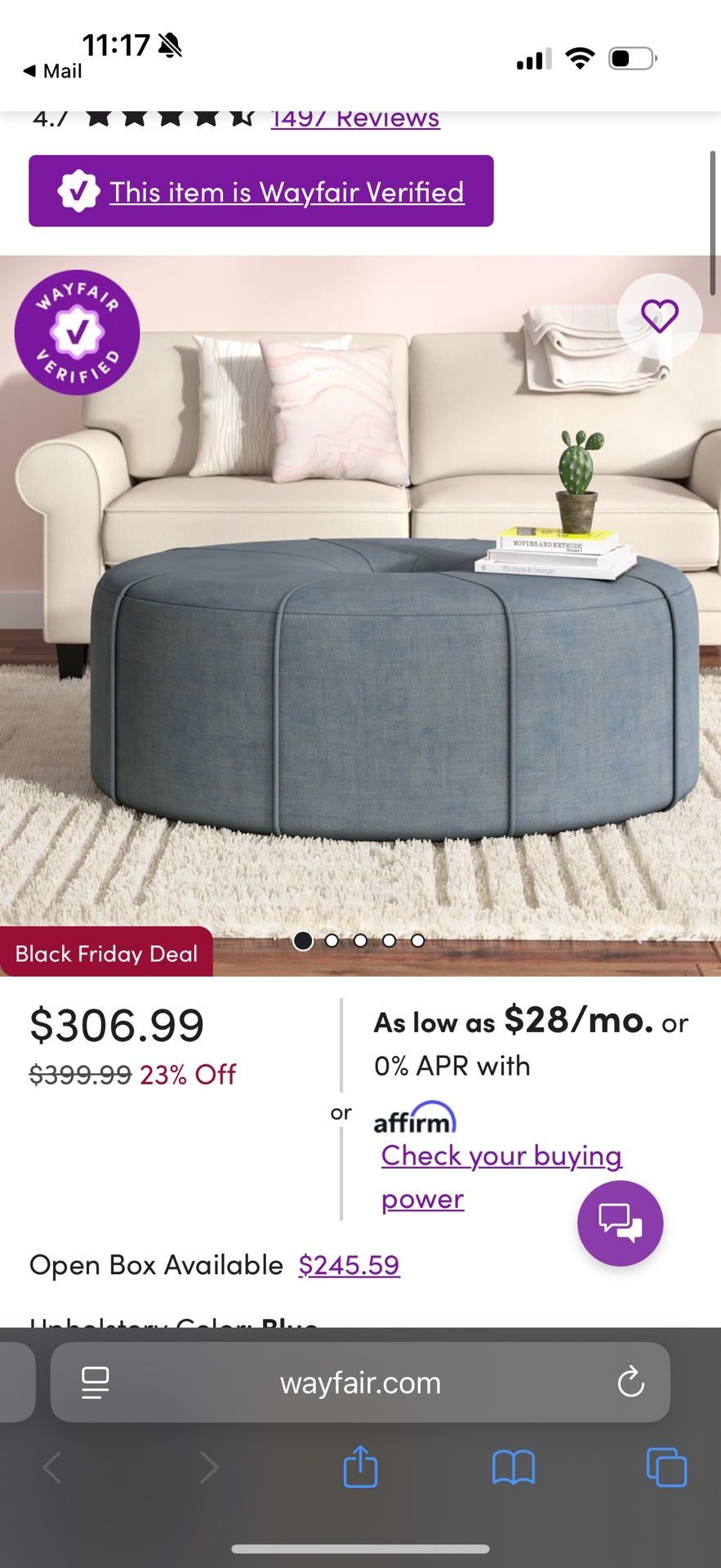 Blue Fabric Oval Ottoman
