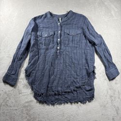 Free People Talk to Me Women’s M Blue Button Frayed Raw Hem Boho Festival #3676