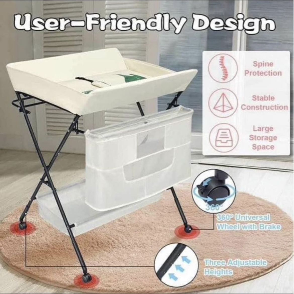 New Portable Baby Changing Table with Wheels, Adjustable Height Diaper Station with Safety Belt, Newborn and Infant Foldable Nursery Organizer | Large