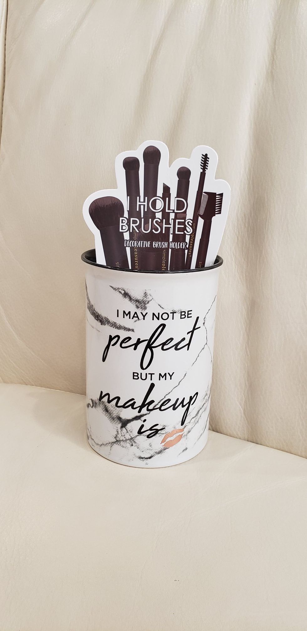 "I may not be perfect but my makeup is" funny makeup brush holder cup. Great stocking stuffer, christmas or holiday gift, or birthday present