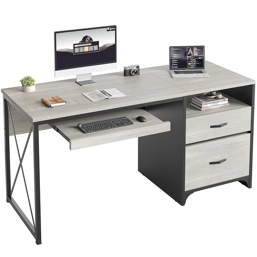 Bestier Office Desk with Drawers, 55 inch Industrial Computer Desk with Storage, Wood Teacher Desk with Keyboard Tray & File Drawer for Home Office, W