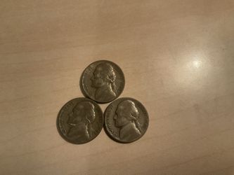 3-1945 JEFFERSON WAR NICKELS. 1 D, 1 P & 1 S mint marks. 35% Silver 