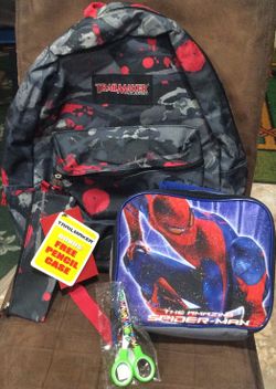 Backpack, Spider-Man lunchbox and scissor