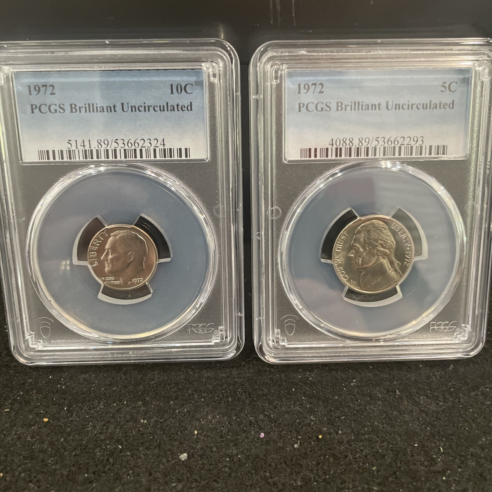 1972 P Brilliant Uncirculated Jefferson Nickel And Roosevelt Dime Graded By PGCS