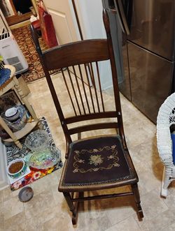 Antique Wood Rocking Chair with Needlepoint Seat