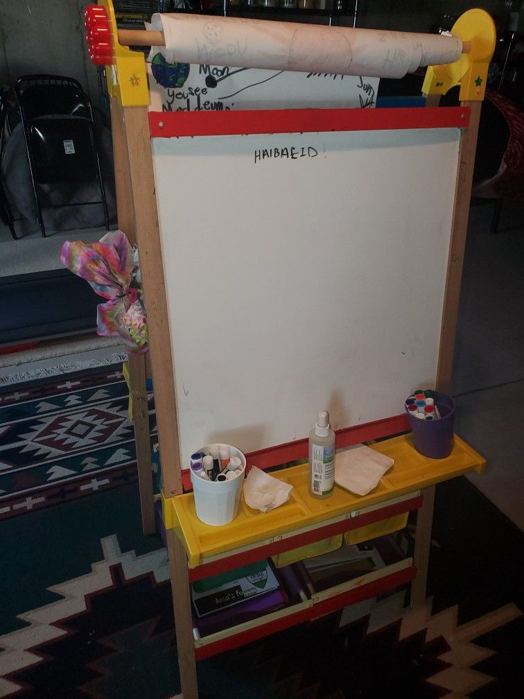 Kids Easel . Drawing Paper. Chalk Board And Dry Erase Board