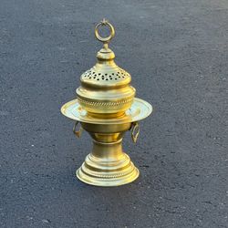 Brass Brazier Vintage Turkish Incense Burner Cooker Crescent Moon Gold Moroccan