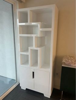 Heavy High-Gloss White Italian-Inspired Geometric Bookcase - $250 each or $500 for pair