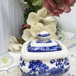 Antique Villeroy & Boch “Rusticana” Blue & White Sugar Bowl w/ Lid – Made in England