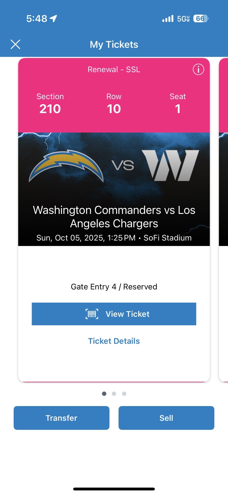 Chargers Vs Commanders 200 Level $130 Each 2 Or 4 Available