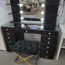 Black 13- Drawer Vanity Set With Mirror And Shelves