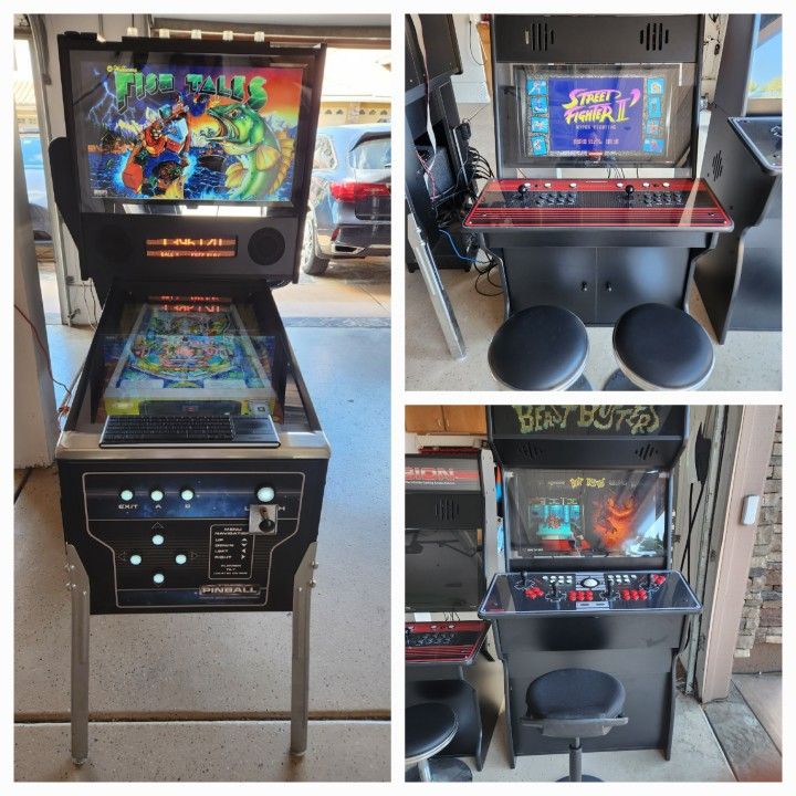 Complete Game Room - Virtual Pinball, 4-Player Standing Retro Arcade Cabinet, Seated Fighting Cabinet, Swappable Emulator Plus Controller
