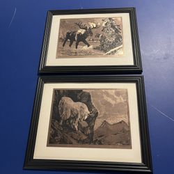 2 - Framed 1960’s vintage copper-etch prints titled Mt. Goat "High Game" & Moose “ Looking For Me” by the artist Reinhold H. Palenske