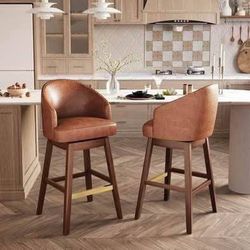New Set of 2 Brown PU Leather Swivel Bar Stools