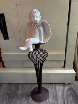Ceramic Cherub Angel Figurine on Metal Stand